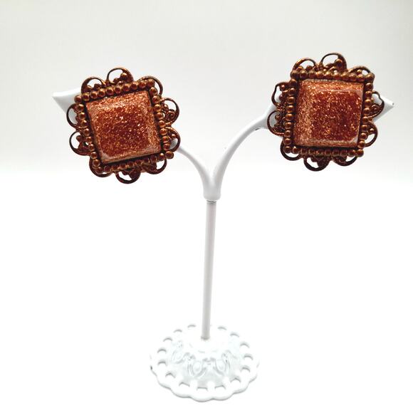 Vintage Goldstone Glass Clip On Earrings Copper Filigree Frame 1960s Style - Picture 1 of 8